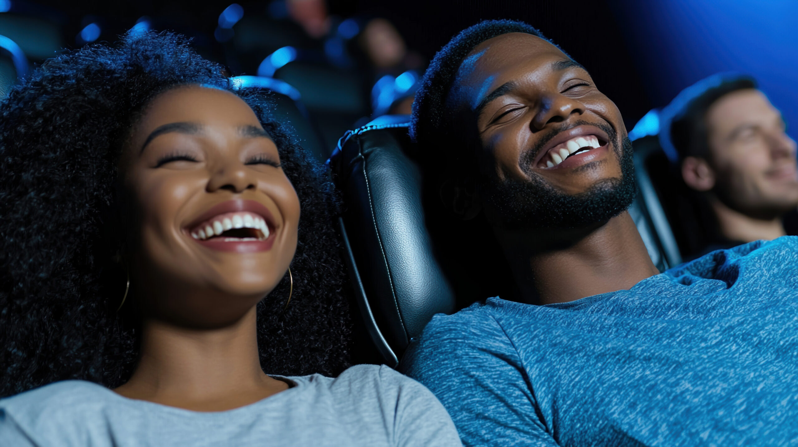 A couple of people are sitting in a movie theater, smiling and laughing. Scene is happy and lighthearted